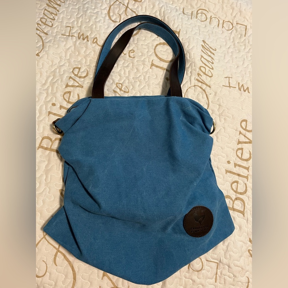 Farmhouse Is My Style Blue Canvas &Leather Bag roushing on the sides and Rooster